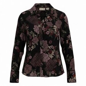Apostrophe Womens PXS Black Floral Sheer Button Up Blouse Flared Bell Cuff Tie